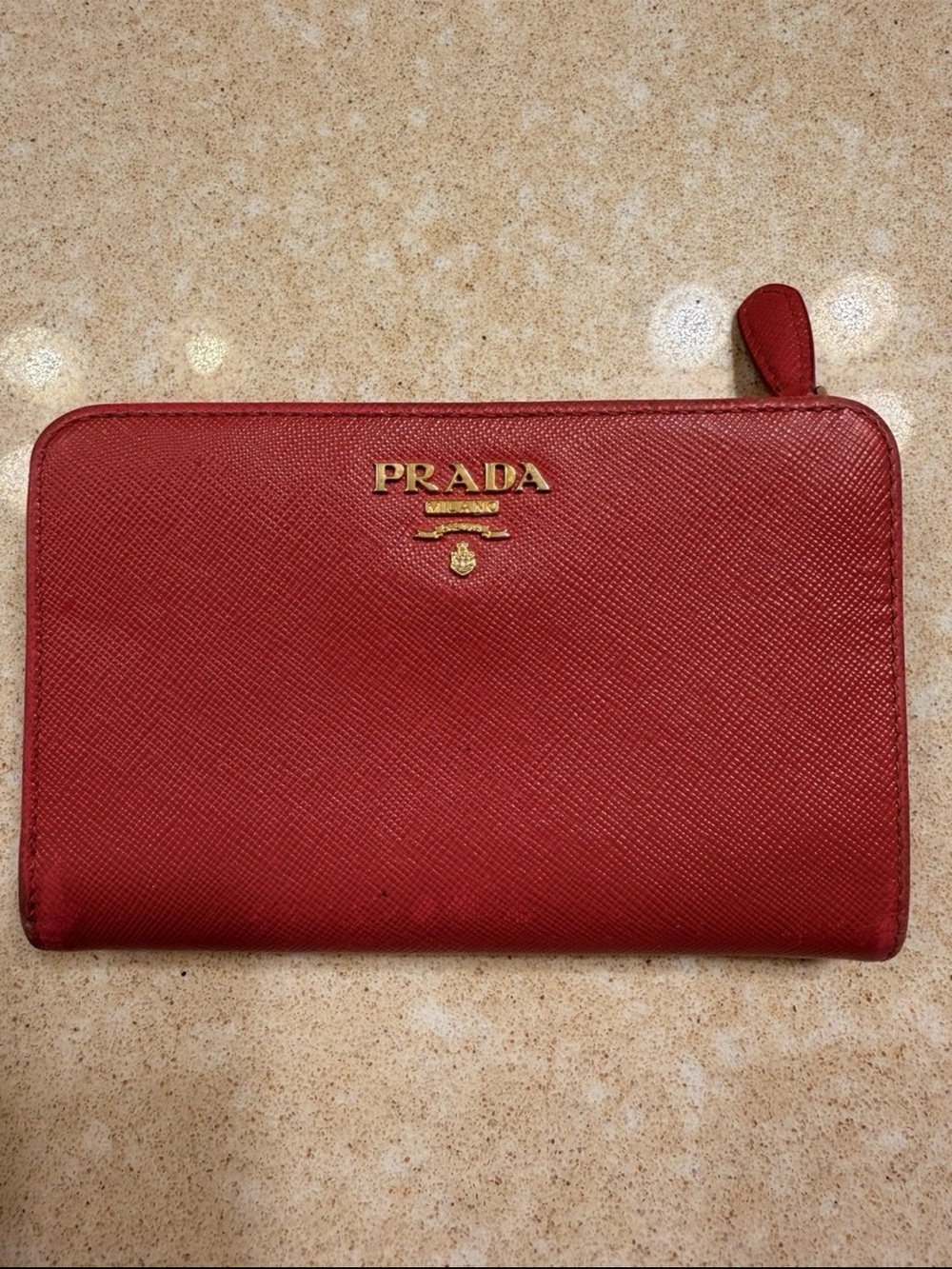 Prada Red Saffiano Zip-Around Wallet with Gold Logo